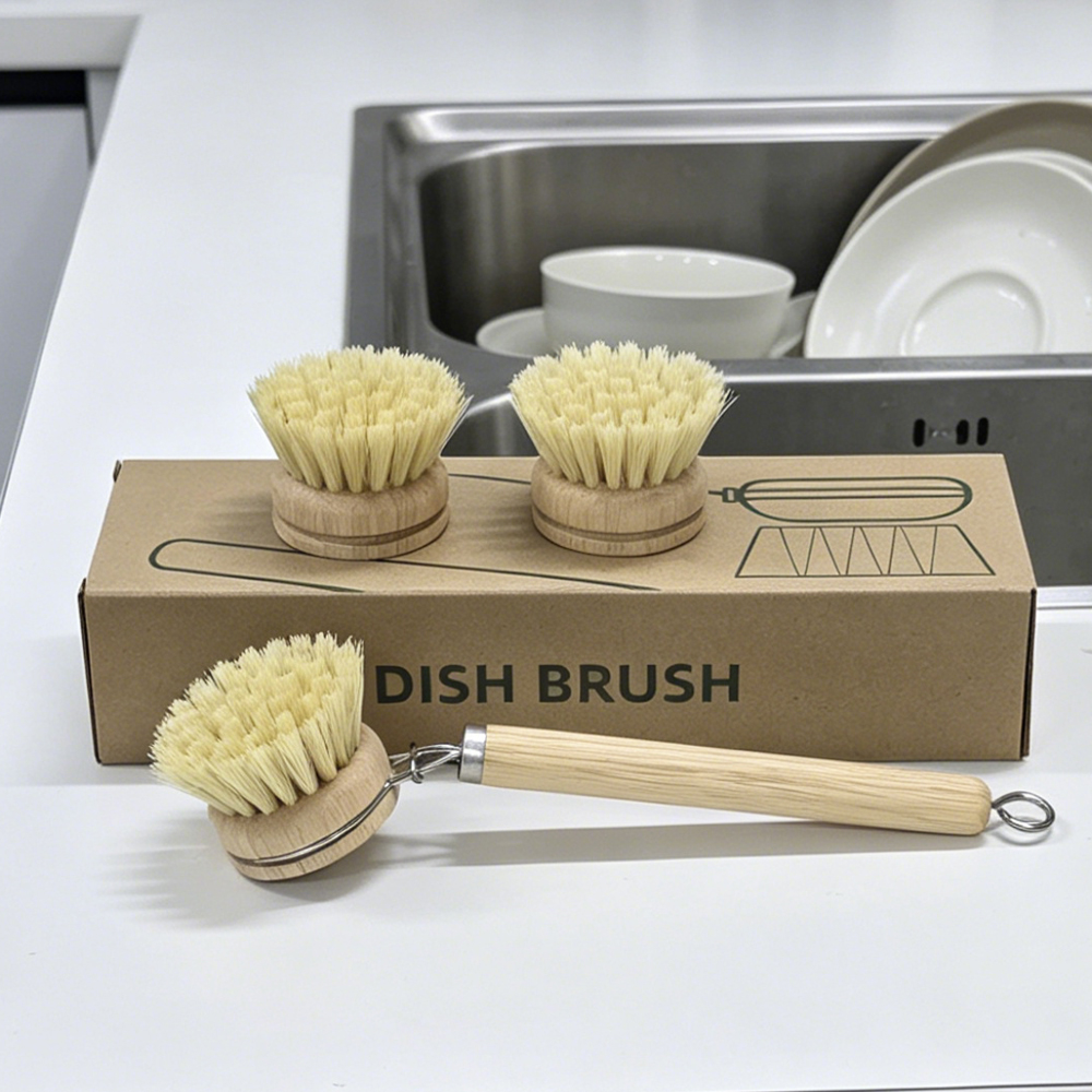 Dish Brush Bamboo - ชุดแปรงล้างจานด้ามไม้พร้อมหัวซิซอลสำรอง 3 ชิ้น แปรงทำความสะอาดครัวสำหรับหม้อ กระทะ และจาน