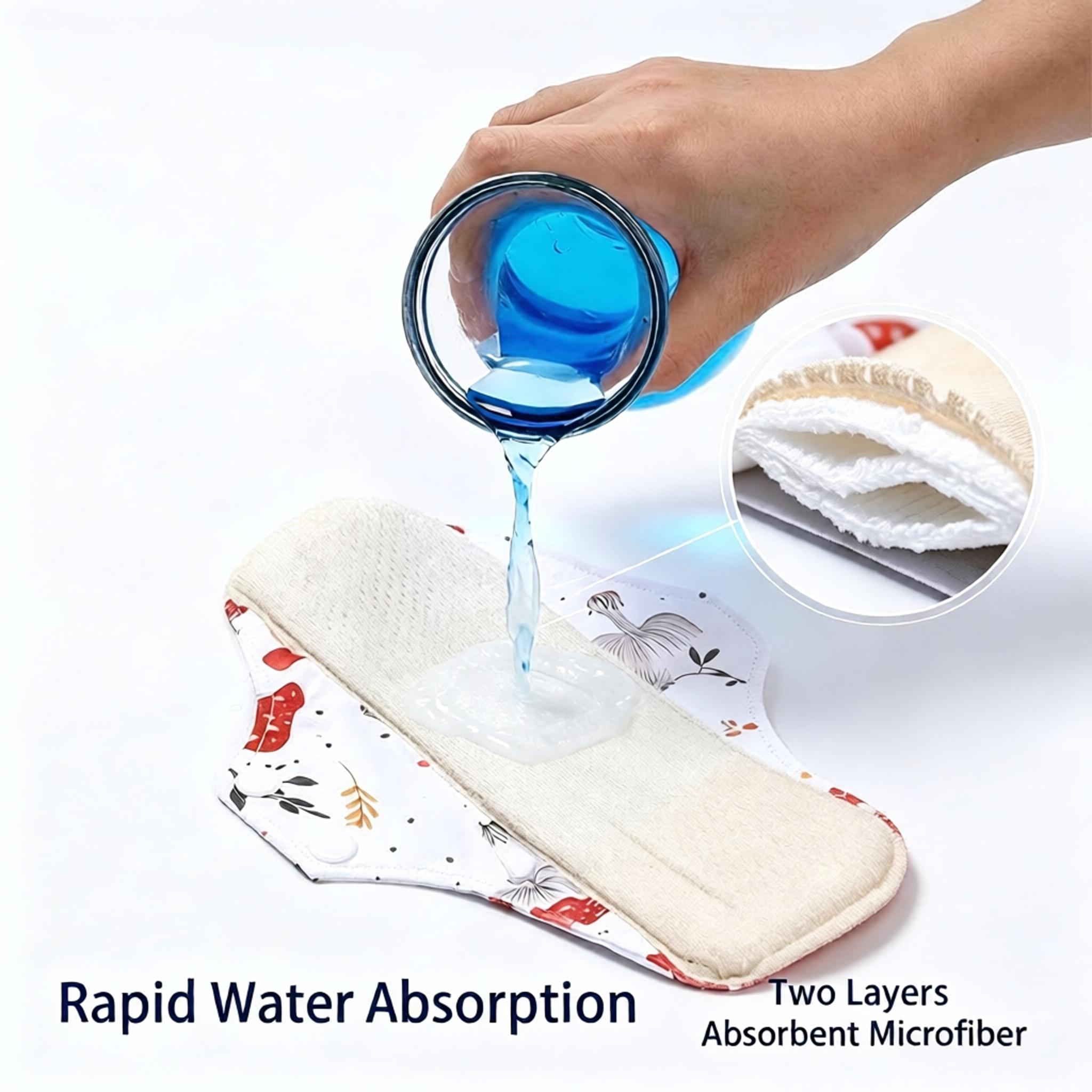 Cloth Pad Reusable - ชุดแผ่นอนามัยแบบมีปีกสำหรับประจำเดือน 5 ชิ้น ทำจากผ้าฝ้ายออร์แกนิก ซักได้ พร้อมถุงเก็บ